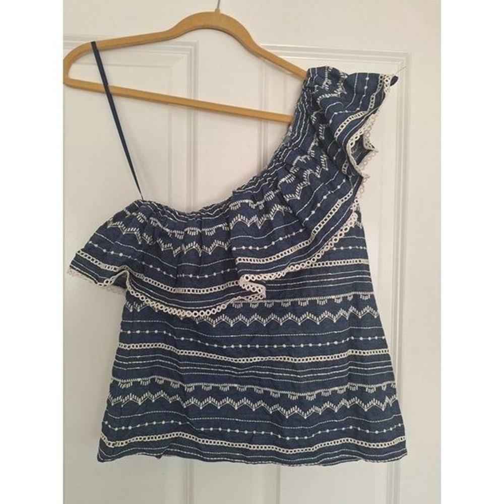 PARKER Blue Ruffle Eyelet One Shoulder Blouse MED Blue Sleeveless size S